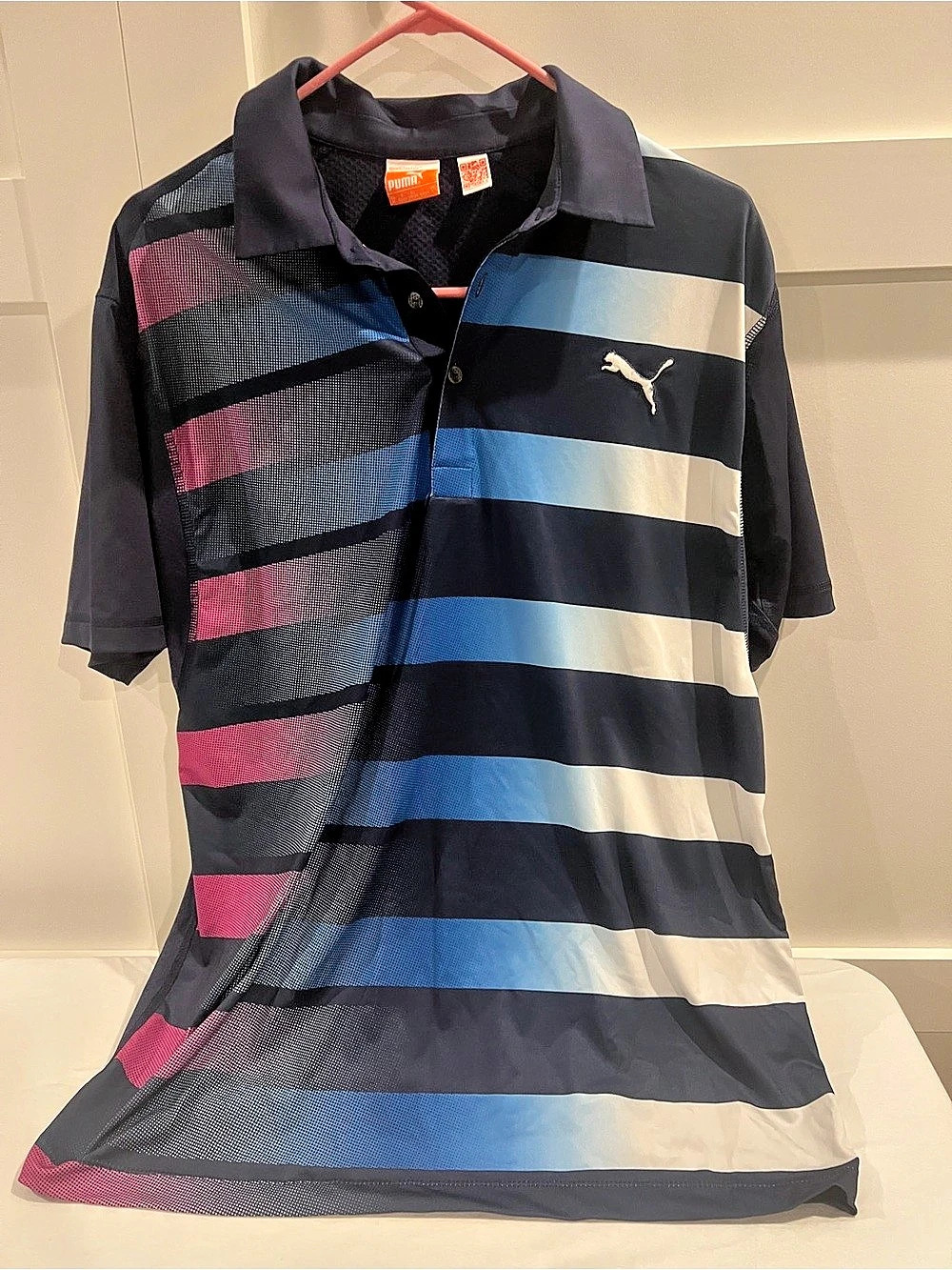 Puma Striped Polo Shirt Blue & Black Medium